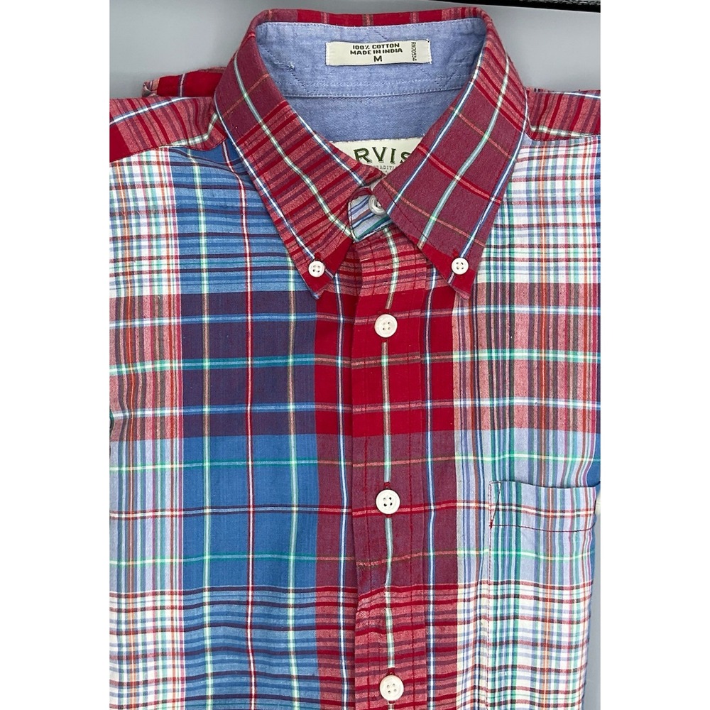 Orvis Mens Short Sleeve Button Down Shirt Red White Blue Plaid 100% Cotton Med